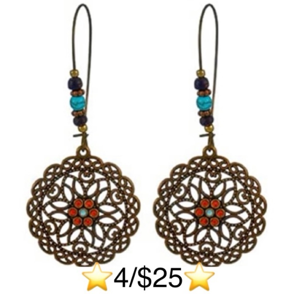 Dangling Bronze Beaded Abstract Floral Pierced Drop Earrings